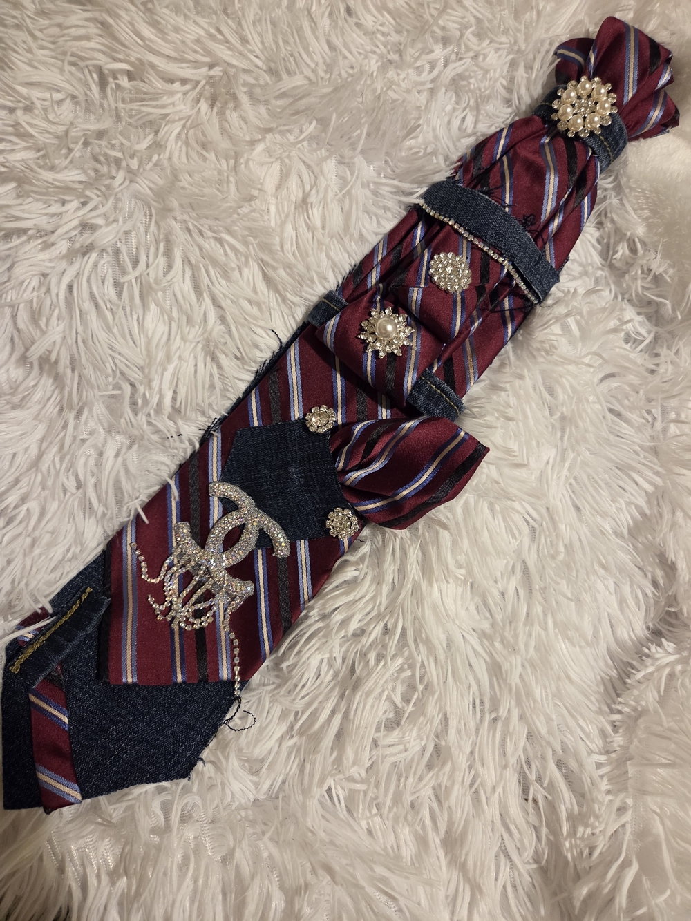 Hand Crafted Burgundy Striped Decorative Tie with Gold Accents